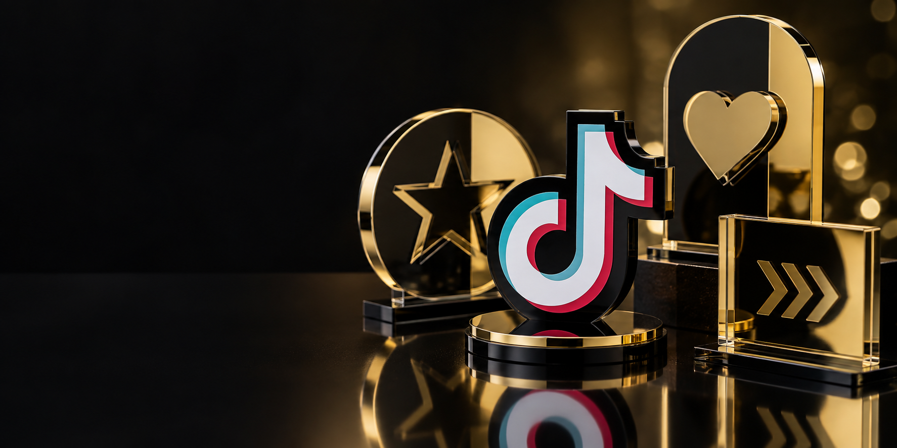 A concept display of glossy black and mirror-gold acrylic plaques with a TikTok-style music-note design